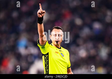 Torino, Italien. Februar 2024. Foto Fabio Ferrari/LaPresse 12 Febbraio 2024 - Turin, Italien - Sport - Juventus vs Udinese - Campionato italiano di calcio Serie A TIM 2023/2024 - Allianz Stadium. Nella Foto: Rosario Abisso Arbitro 12. Februar 2023 Turin, Italien - Fußball - Juventus vs Udinese - italienische Fußball-Meisterschaft Liga A TIM 2023/2024 - Allianz Stadium im Bild: Schiedsrichter Rosario Abisso Credit: LaPresse/Alamy Live News Stockfoto