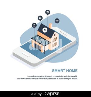 Smart Home-Steuerung per Smartphone. Kabellose wi-fi-Verbindung und Haustechnik. Mobiltelefonverbindungen mit Heimelektronik. Stock Vektor