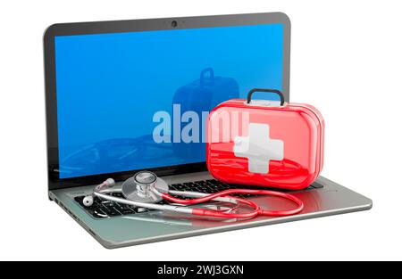 Laptop mit Stethoskop und Verbandskasten, 3D-Rendering isoliert auf weißem Hintergrund Stockfoto