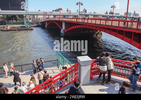 Die Azuma-Brücke über den Sumida-Fluss und die Asashi-Flamme in Asakusa, Tokio, Japan. Stockfoto