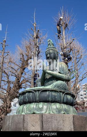 Arbeiter in hohen Bäumen schneiden Äste auf dem Gelände des Sensoji-Tempels mit blauem Himmel und bronzenen Buddhas im Vordergrund in Asakusa, Tokio, J. Stockfoto