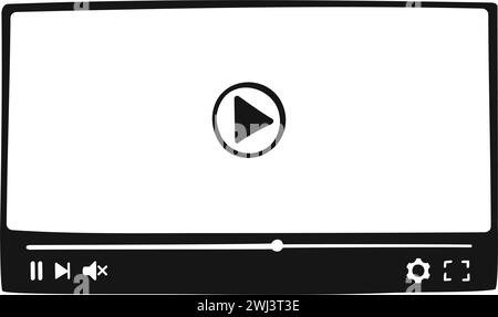 Video-Player-Schnittstelle im handgezeichneten Stil. Online-Filmbildschirm mit Fortschrittsregler und Schaltflächen. Multimedia Mobile App-Fenster-Vorlage für die Wiedergabe von Filmen. Illustration der Vektorkritzelei. Stock Vektor