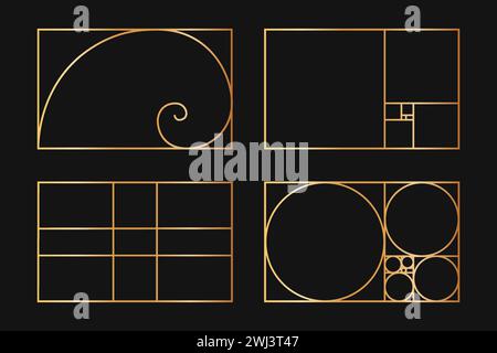 Sammlung von Golden Ratio-Vorlagen. Logarithmische Spirale. Fibonacci-Sequenz als rechteckige Rahmen, die auf Linien, Quadrate und Kreise aufgeteilt sind. Perfekte Natur Symmetrie Proportionen Raster. Vektorabbildung Stock Vektor