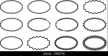 Set- oder ovale Rahmen mit gewellten und Zick-Zack-Rändern. Leerer Verkauf, Preis, Rabatt, Sonderangebot, Coupon, aktionscode-Tags. Sprechblasen, Nachrichten, Textfelder im Cartoon-Stil. Vektorgrafik Stock Vektor
