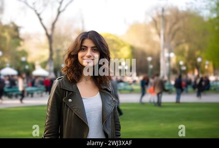 Eine junge Frau strahlt Vertrauen und Stil aus in ihrer Lederjacke, die zwischen Bäumen und Gras steht Stockfoto