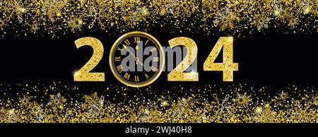 Neujahrsbanner mit goldenen Zahlen 2024, Uhr und goldenen Schneeflocken. EPS 10-Vektordatei. Stockfoto
