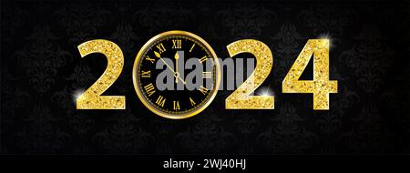 Neujahrsbanner mit goldenen Zahlen 2024, Uhr und dunklen Ornamenten. EPS 10-Vektordatei. Stockfoto