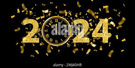 Goldenes Konfetti mit dem Text 2024 und goldener Uhr auf schwarzem Hintergrund.EPS 10 Vektordatei. Stockfoto