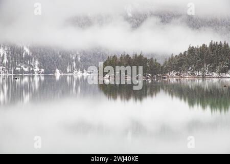Nebeliger See bei Winterschnee Stockfoto