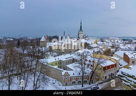 Blick über Tallinn mit schneebedeckten Dächern im Winter Stockfoto