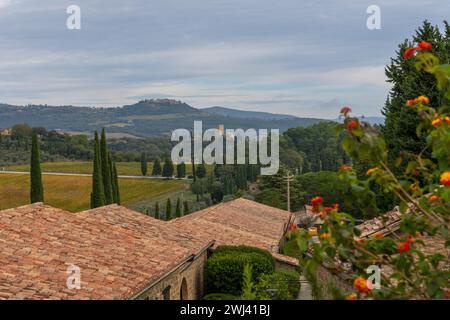 Blick vom Weinort Banfi in die sanften Hügel der Toskana mit Blick auf das Schloss und die Dörfer auf den Hügeln Stockfoto