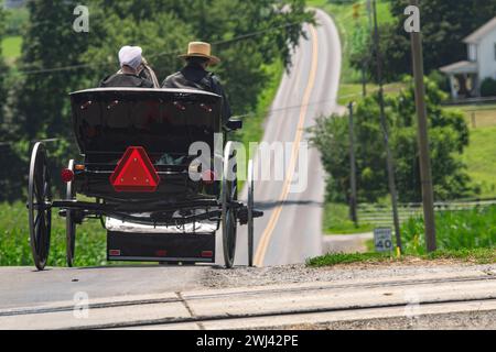 Rückansicht eines amischen Paares in einem offenen Pferd und Buggy Stockfoto