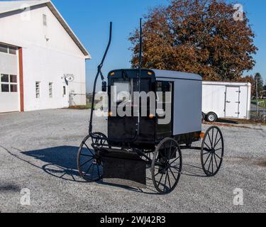 Blick auf einen New Amish Buggy, geparkt mit Out a Horse, wartet darauf, an einem sonnigen Tag verkauft zu werden Stockfoto