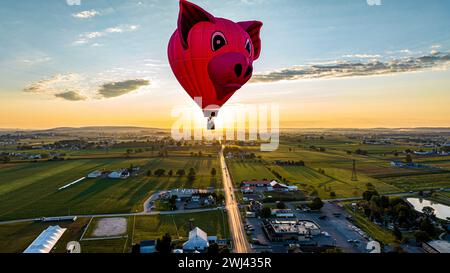 Luftaufnahme von Heißluftballons, die weg schwimmen One is a Pigs Head, im ländlichen Pennsylvania bei Sunrise Stockfoto