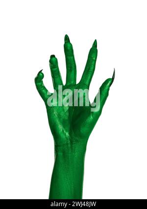 Gruseliges Monster. Grüne Hand mit Krallen isoliert auf weiß Stockfoto