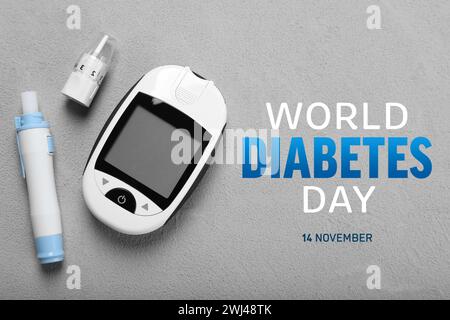 Welt-Diabetes-Tag. Digitales Glucometer und Lanzettenstift auf grauem Tisch, flach gelegt Stockfoto