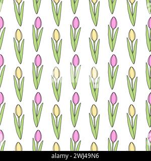 Farbenfrohe Tulpen mit nahtlosem Muster in trendigen sanften Markiertönen Gelb und Rosa. Abstrakter Hintergrund. Isolieren. EPS. Vektordesign-Konzept für Verpackungen oder Tapeten, Karten, Poster, Broschüren, Etiketten oder Web Stock Vektor