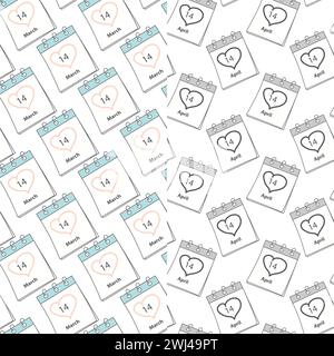 Set aus 2 nahtlosen Mustern von Kalenderseiten mit Datum vom 14. März und 14. April. Tapetendesign-Idee. Isolieren. EPS. Vektor für Hintergrund, Hintergrundbild, Verpackung oder Web, Poster, Banner, Karten, Werbeaktion, Etikett Stock Vektor