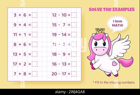 Mathe-Spiel für Kinder. Addition und Subtraktion. Stock Vektor