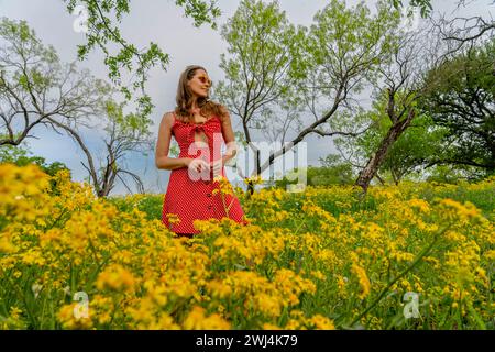 Ein schönes Brünette Model posiert in Einem Feld mit gelben Blumen in Einem Texas Prarie Stockfoto