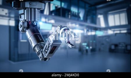 Automatisierungswerk mit 3D-Rendering-Roboterarm oder Roboterhand ab Werk Stockfoto