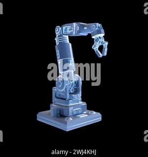 3D-Rendering des blauen Ai-Roboterarms mit Lichtstrahl isoliert auf schwarzem Hintergrund Stockfoto