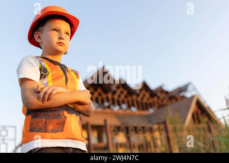 Selbstbewusstes Kind im Schutzhelm auf der Baustelle Stockfoto