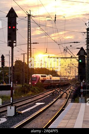 Ankunft Zug bei Sonnenaufgang, Hauptbahnhof, Dortmund, Ruhrgebiet, Deutschland, Europa Stockfoto