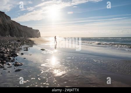 Eine einzelne Figur wird vom strahlenden Licht der Sonne eingerahmt, während sie entlang einer Kieselküste spazieren und einen langen, schlanken Schatten auf den nassen Sand werfen. Die Reflexion der Sonne auf dem Wasser erzeugt einen brillanten Weg, der das Auge auf den Wanderer führt. Die Klippen auf der linken Seite stehen als stille Wächter und sind Zeuge des endlosen Wechselspiels zwischen Mensch und Natur. Dieses Bild ist eine Feier des einsamen Friedens, den man in so weiten, offenen Räumen findet. Einsamer Wanderer in der Küstenwelt. Hochwertige Fotos Stockfoto