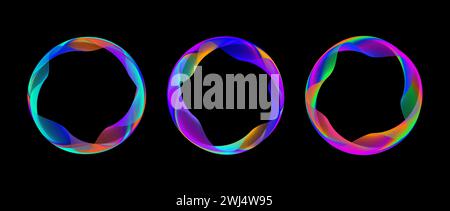 Neon irisierende Blende Kreis Linie Set. Glänzende, runde Tech-Rahmenkollektion. Gekrümmte wellige Kreise auf schwarzem Hintergrund. Regenbogenverlaufsserie mit kreisförmigem Rand. Vektordesign-Element-Bündel Stock Vektor