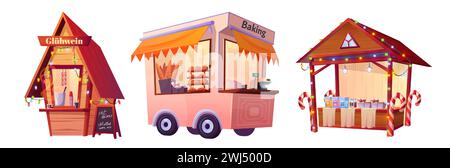 Essensstände auf dem Weihnachtsmarkt, isoliert auf weißem Hintergrund. Vektor-Zeichentrickillustration von Gluhwein und Süßigkeiten Shop, Bäckerei Anhänger, Menütafel und Girlande Lichter, City Messe Design Elemente Stock Vektor