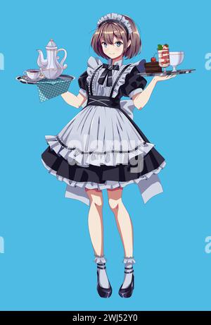 Beschwerende Mädchen vom Zimmermädchen-Café-Farbvektor-Charakter. Niedliche Anime-Frau hält Tabletts mit Desserts und heißem Tee auf blauem Hintergrund. Japanische Kellnerin Stock Vektor