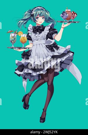 Hübsches Mädchen im Mädchen Café Kleid mit Tabletts Farbe Vektor Charakter. Anime-Frau trägt Desserts und Getränke auf grünem Hintergrund. Japanische Kultur Stock Vektor