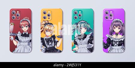 Dienstmädchen Cafe Kellnerinnen in Uniformen gedruckt auf Telefon Fall Design Vektor Illustration Set. Anime Mädchen Charaktere Farbvorlage für Smartphone Cover styl Stock Vektor