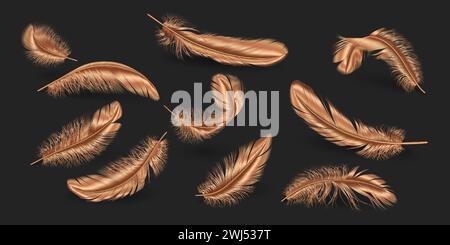 Messingfedern verstreut auf weißer realistischer Vektor-Illustration Sammlung. Metallic-Gefieder-Varianten. Stilvolle Quills mit 3D-Elementen auf dunklem Hintergrund Stock Vektor