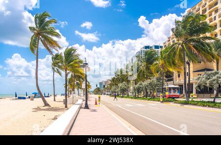 Strandpromenade mit Palmen an einem sonnigen Tag in Fort Lauderdale Stockfoto