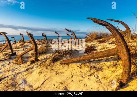 Verrosteter alter Anker am Strand am Friedhof von Anchor Cemetary am Strand Praia do Barril in Tavira, Algarve, Portugal Stockfoto