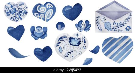 Aquarellillustration Set aus Herzen und geöffnetem Umschlag mit blauem Ornament. Valentinstag Elemente Clipart isoliert auf weißem Hintergrund. Hell Stockfoto