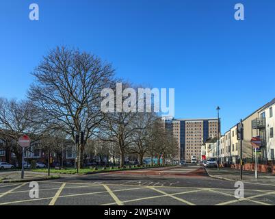 Granby Green von der Park Avenue in Devonport mit dem Hochhaus Malborough House in der Ferne. Starker Sonnenschein Anfang Februar. Stockfoto