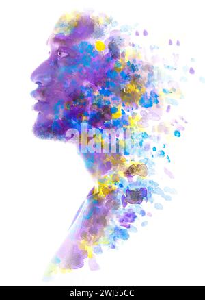Ein verschwindendes, farbenfrohes Bildnis mit Doppelbelichtung, männliches Profilportrait Stockfoto