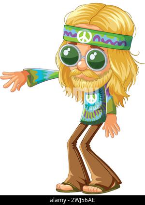 Cartoon-Hippie mit Friedenssymbolen und Sonnenbrille. Stock Vektor