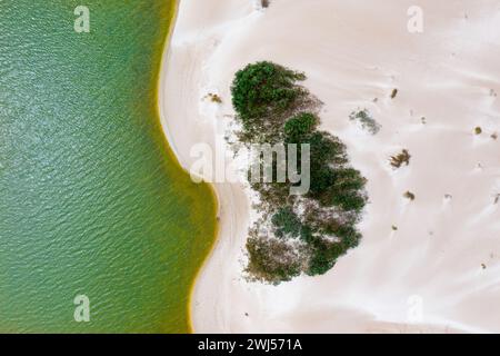 Aus der Vogelperspektive der Sheringa Dunes auf der Eyre Peninsula in Südaustralien, die in eine türkisfarbene Lagune hinunterlaufen Stockfoto