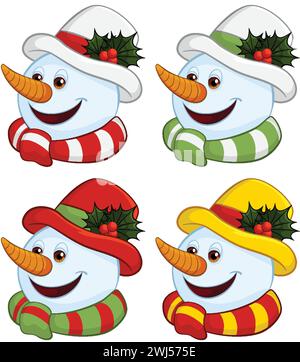 Vier fröhliche Schneemänner mit bunten Winterhüten. Stock Vektor