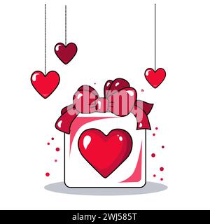 Nette Vektor-weiße Geschenkbox mit roten Herzen für Valentinstag. Flaches Designelement. Minimaler Zeichentrickfilm für Design-Webbanner und Begrüßungswagen Stock Vektor