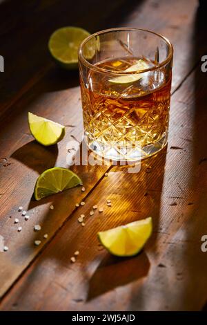 Sommergetränk, Whiskey, Tequila oder Cognac, Limonade, alkoholischer oder alkoholfreier Cocktail mit Limetten und Salz auf einem Holztisch Stockfoto