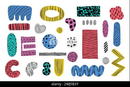 Abstrakte Formen von Hand zeichnen. Kritzeln Sie kindliche Doodle-Art-Elemente, einfache geometrische Formen für minimalistische Dekoration für Kinder. Vektor-isolierter Satz Stock Vektor
