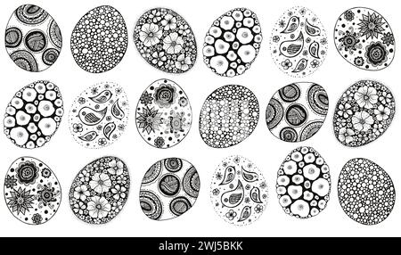 Set Ostereier gefüllt mit Ornamenten. Kritzeleien. Zeichnung mit schwarzer Umrandung. Isoliert auf weißem Hintergrund. Geometrisches Ornament. Blumen, Vögel, Kreis Stockfoto