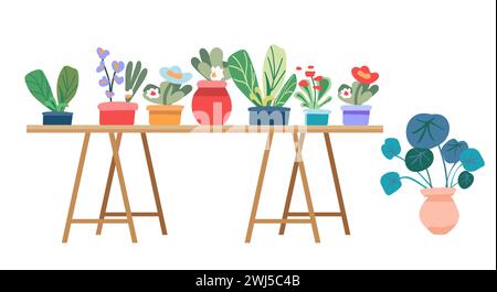 Innenblumen auf einem Holztisch. Pflanzen in Töpfen für den Innenraum unterbringen. Helle Möbel. Minimalistischer Stil. Vektorabbildung. Stock Vektor