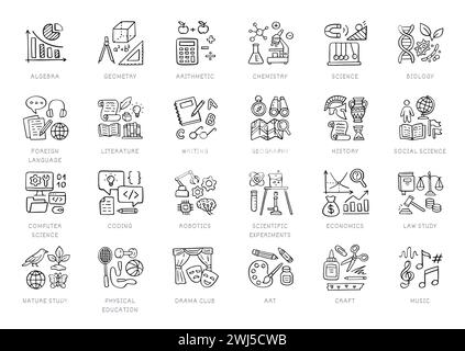 Schulfächer kritzelten-Symbolsatz. Wissenschaften - Geometrie, Mathematik, Biologie, Chemie, Geschichte, Robotik, Computerausbildung, Drama Club Linie handgezeichnet Stock Vektor