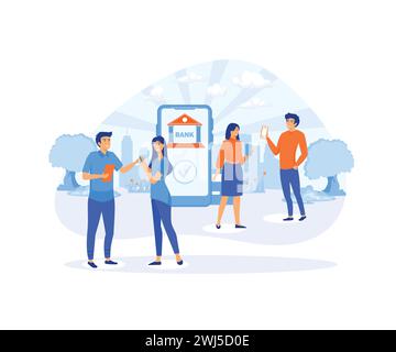 Abbildung eines Konzepts für mobiles Banking, in dem Menschen Apps für Geldtransfers, Buchhaltung und Online-Banking verwenden. Moderne Illustration des flachen Vektors Stock Vektor